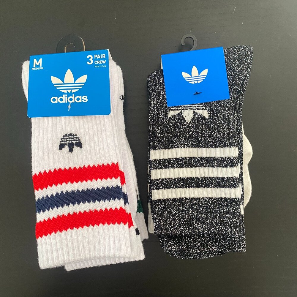 adidas Women’s Crew Socks Set – 5 Pairs Total (3-Stripes & Glitter) – Size M US
